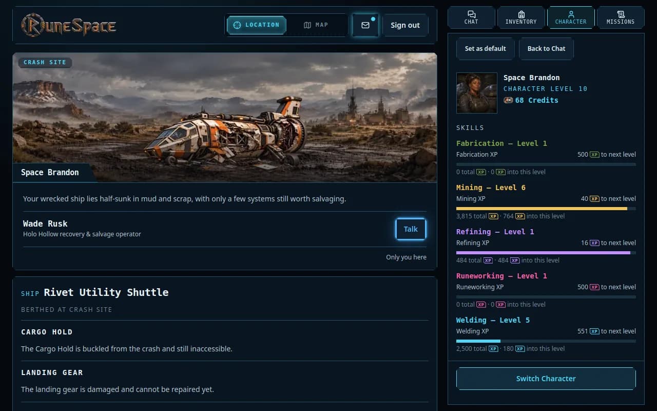Character panel showing all five skills beside the Crash Site on Skatboll